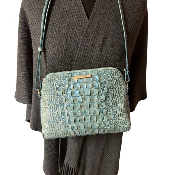 Brahmin Teal Duxbury Crocodile-Embossed Shoulder Bag w/ gold hardware. - Picture 4 of 11